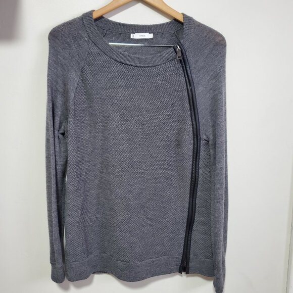 VINCE Wool Knit & Leather Trim Sweater Asymmetric Side Zip Grey Women's Large - Picture 2 of 11